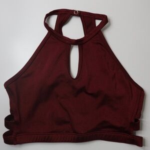 Dance Halter Sports Bra in Burgundy with open detailed back